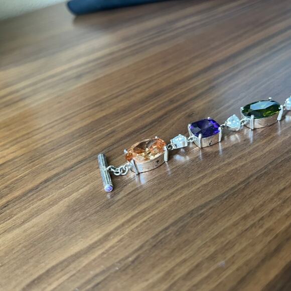 SOLD Estate Designer Colorful Silver Tone and Gemstone Costume Bracelet CHUNKY - Picture 5 of 9